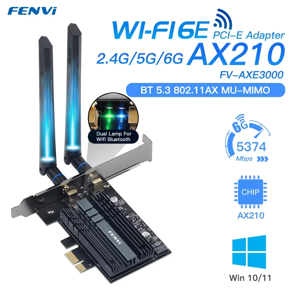 Fenvi 5374Mbps WiFi 6E per Intel AX210 PCIe Adattatore WiFi Wireless 2.4G/5G/6Ghz 802.11AX Per Bluetooth 5.3 AX200 WiFi 6 Scheda PC