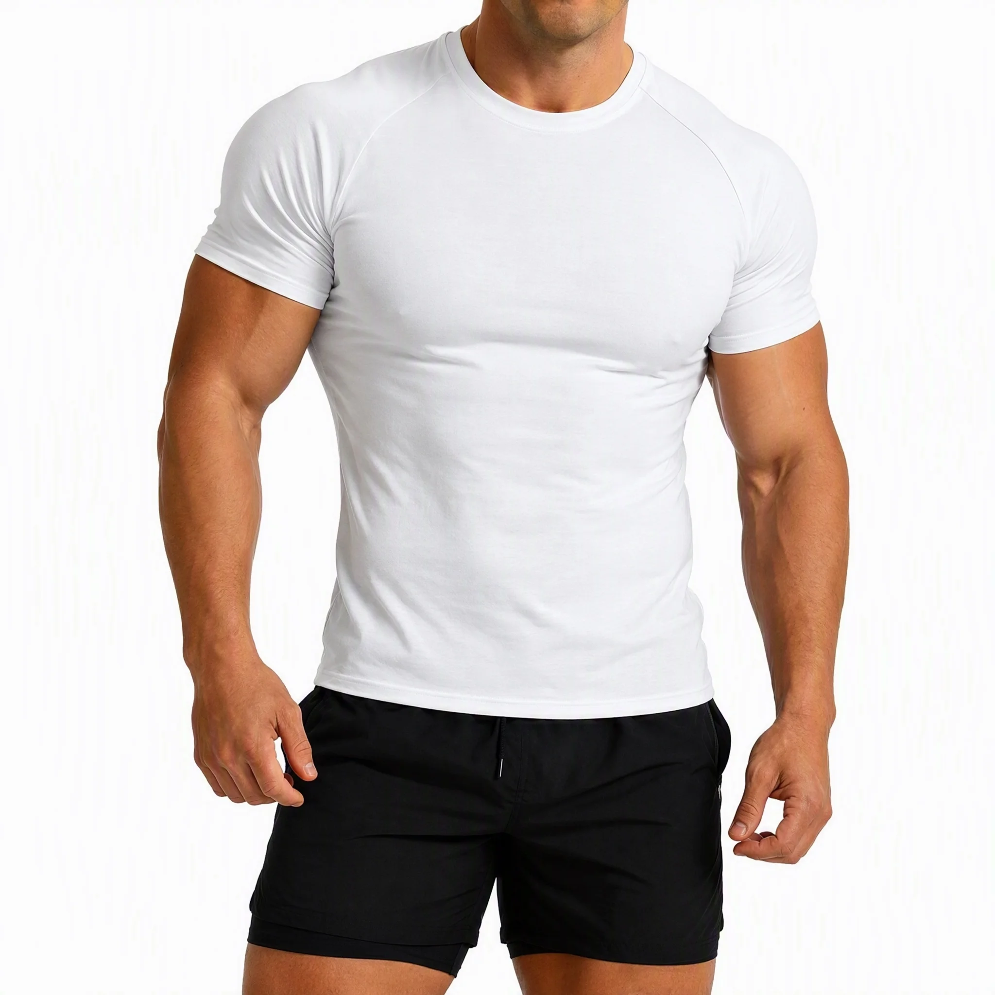 Men's Solid Cotton Spandex Fitness T‑Shirt Crew Neck Slim Fit Short Sleeve Breathable Stretchy Sport Top For Gym Bodybuilding