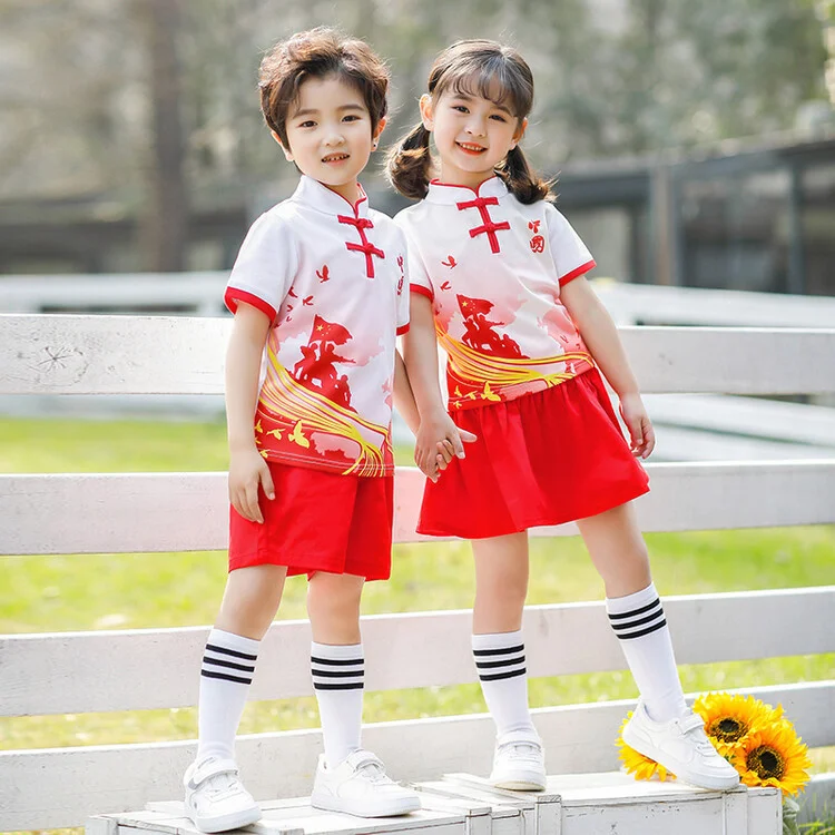 Uniforme da escola de verão, conjunto de três peças para estudantes da escola primária na primavera e no outono, uniforme do jardim de infância do estilo chinês,