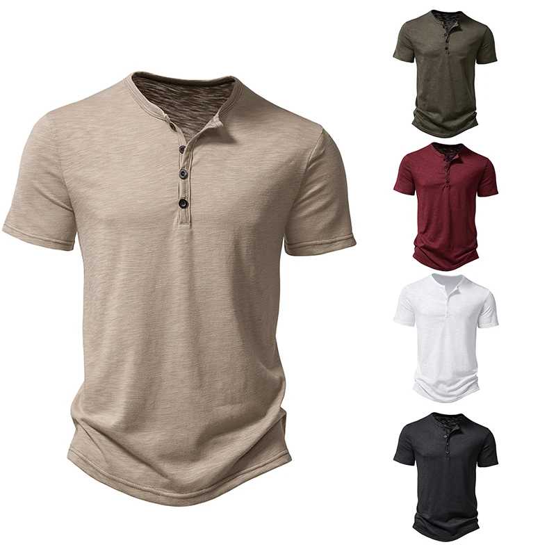 Casual Thin Short Sleeve V-Neck Men's T-Shirt Breathable Quick Dry High Elasticity Polyester Cotton Basic Summer Button T-shirt