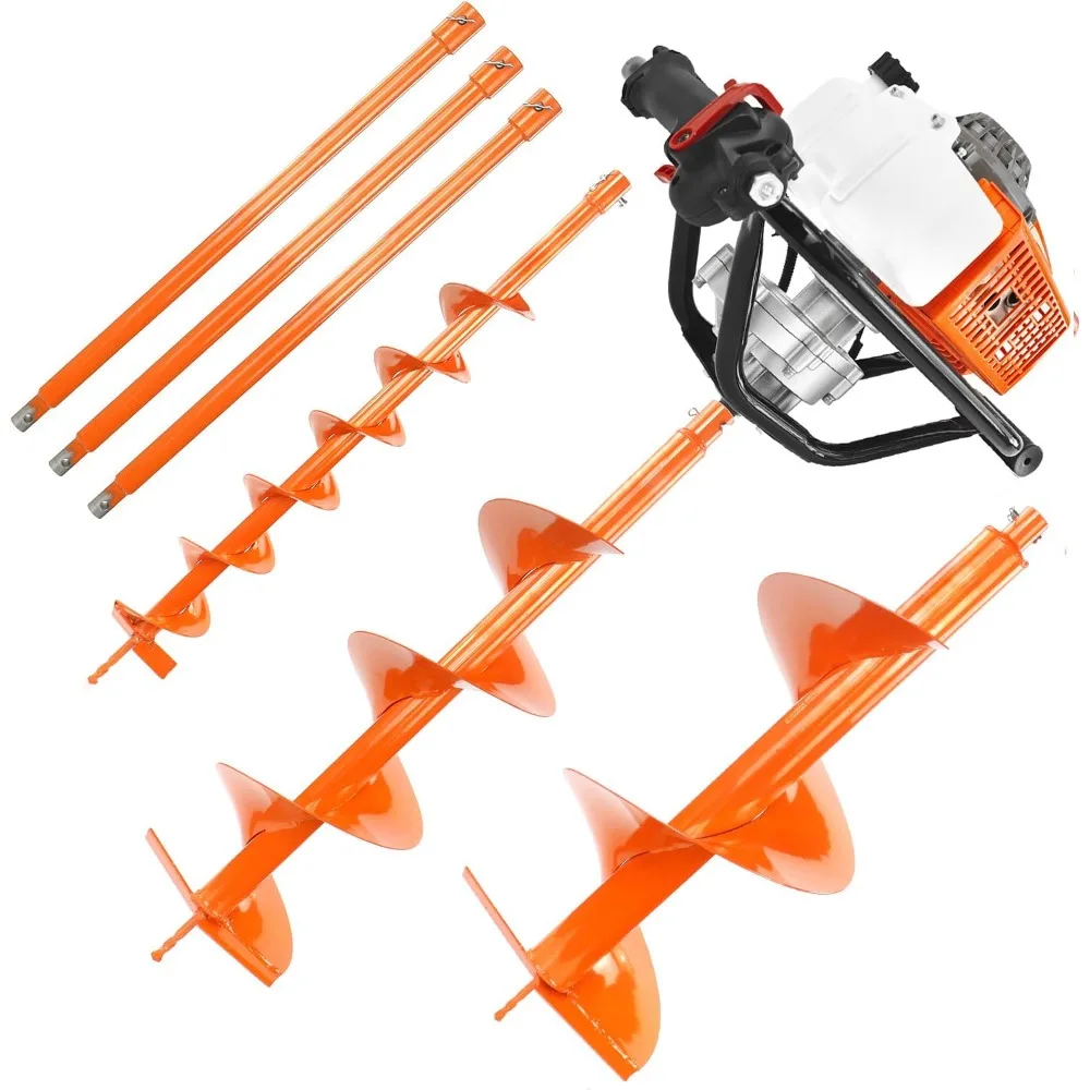 

72CC 2-Stroke Gas Powered Earth Auger Post Fence Hole Digger + 4 8 12 Auger Triple Drill Action Design Bits + 3 X 24 Exte