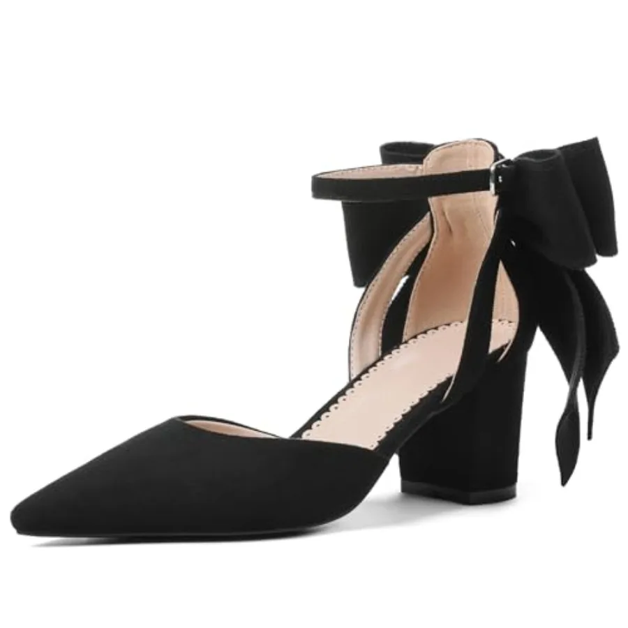 

Women's Black Pointed Toe Pumps Bow Ankle Strap Chunky High Heels Dress Wedding Shoes