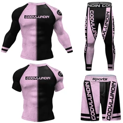 Nowy zestaw MMA T-shirt + spodnie Jiu Jitsu Rashguard dla mężczyzn brazylijski Grappling Bjj Gi boks wysypka Guard spodenki MMA Boxeo walka koszulki