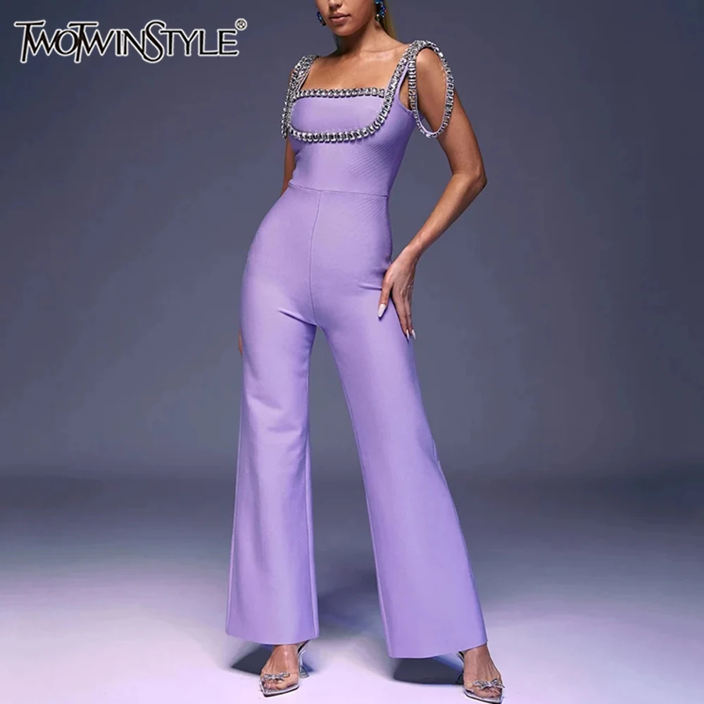 TWOTWINSTYLE Patchwork Diamonds Jumpsuits For Women Square Collar Sleeveless High Waist Slimming Pant Solid Jumpsuit Female New