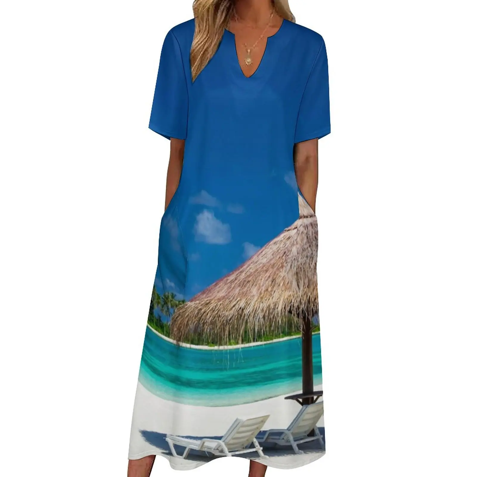 Robe longue de plage Maldives pour femmes, imprimé paysage de mer, esthétique Boho, robes de plage pour femmes, motif Vintage, Maxi, grande taille 4XL, été