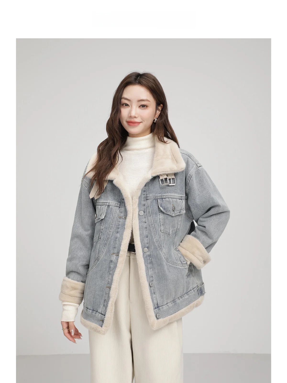 

Thiened Fce Denim Jaet Retro Hong Kong Sle Loose Fit Women's Winter Outerwear Casual Slimming Sle with kets