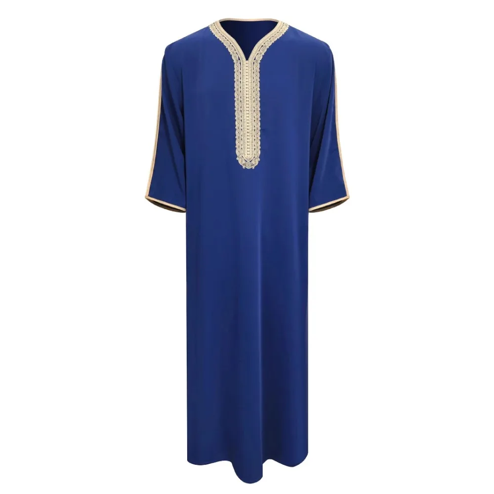 Men's Long Side Pocket Sleeve Robe for Daily Occasion Wearing Side Pocket Moroccan Embroidery Middle Eastern Muslim Robe