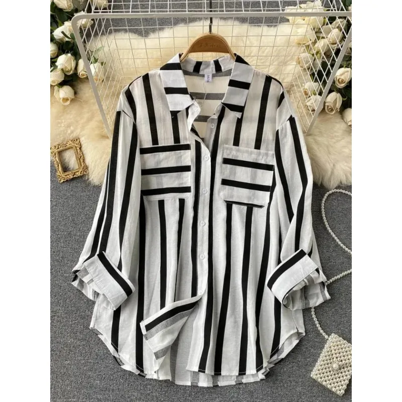 

2024 Summer Medium Length Vertical Stripe Shirt Fashion Women Blouse Female Korean Casual Loose Fitting Elegant Top