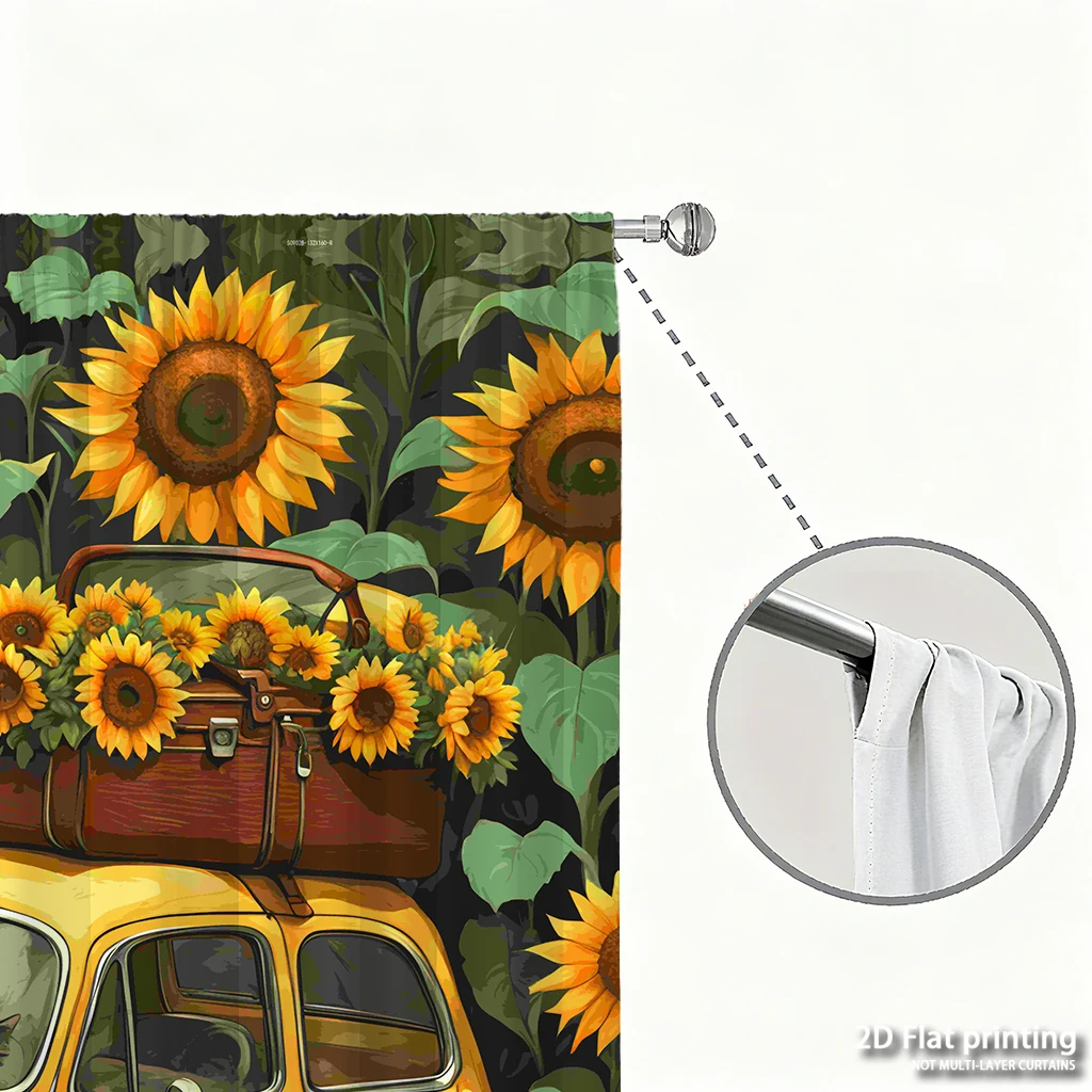 مجموعة مكونة من قطعتين من ستائر مطبوعة رقمية عالية الوضوح عباد الشمس الصفراء لوحة زيتية للقطط على طراز ديكور المنزل