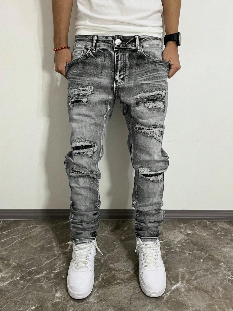 Men Grey Washed Ripped Skinny Jeans Punk Distressed Hole‑patched Slim Fit Denim Pants Popular Streetwear Casual Long Trousers