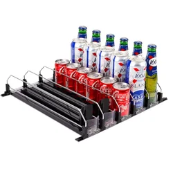 Drink Organizer Dispenser Spring Push Can Shelf Pusher Adjustable Width Soda Can Bottle Pusher E-shaped Glide for Kitchen Fridge