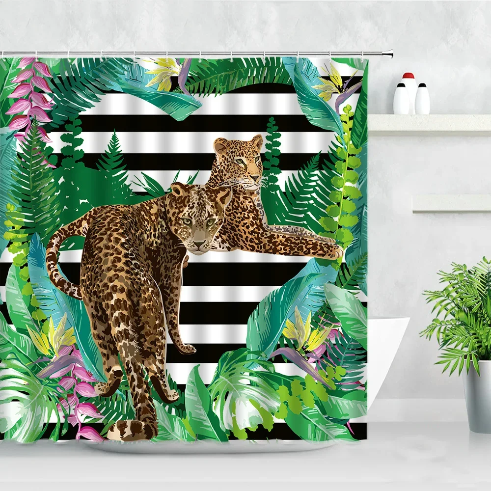 Tropical Plant Shower Curtains, Bird, Monkey, Zebra, Leopard, Wild Animals, Trees, 3D Print, Bath Screen, Bathroom