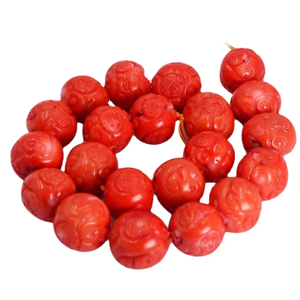 20mm Big Carved Lucky Natural Orange Sea Bamboo Coral Gem Round Loose Beads for Jewelry Making Bracelet Necklace Handmade