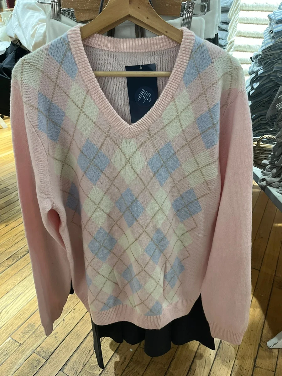 Pull en coton à manches longues à col en V pour femmes, pull rose Argyle, haut décontracté, style preppy mignon, Y2K, Y-