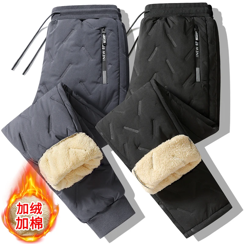 Calça grossa de lã masculina, corredores, calças quentes de algodão, calças térmicas à prova de vento, bolsos com zíper, preto e cinza, inverno, 8XL