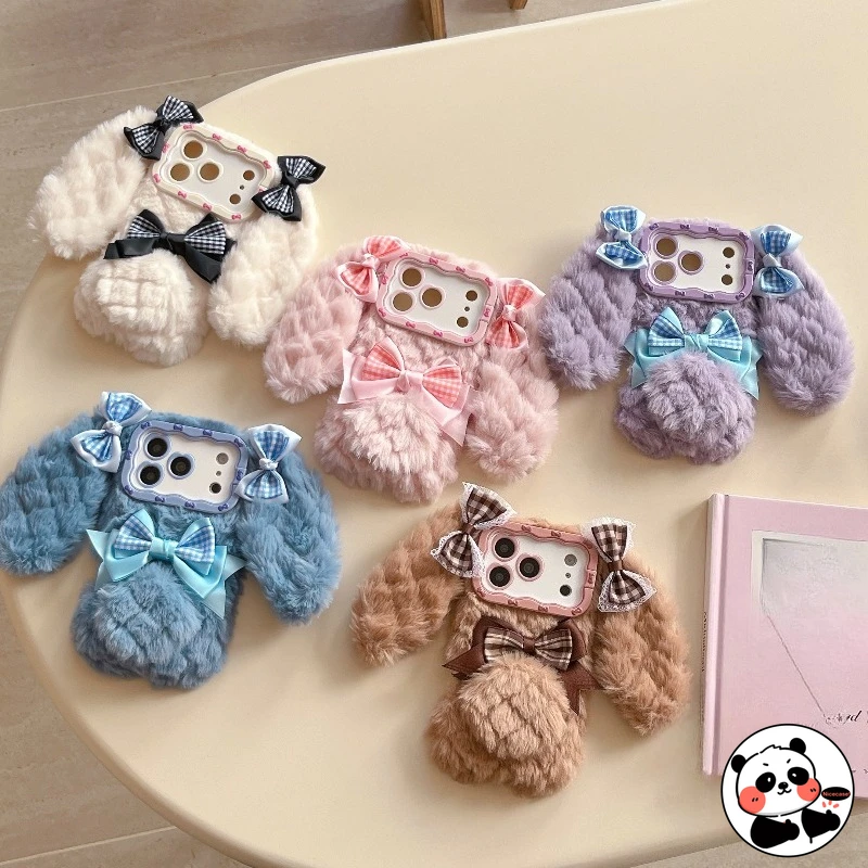 

Fall Winter Plaid Furry Bunny Phone Case For iPhone 17 Pro Max Air 16 15 14 Plus 13 Pro Max Cute Elegant Fluffy Bunn Cover