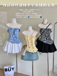 Summer Women Korean Sweet Plaid Tube Top Design Kpop Vintage Gyaru Coquette 2000s Aesthetic Cute Core Kawaii Mori Girl Hot Sexy