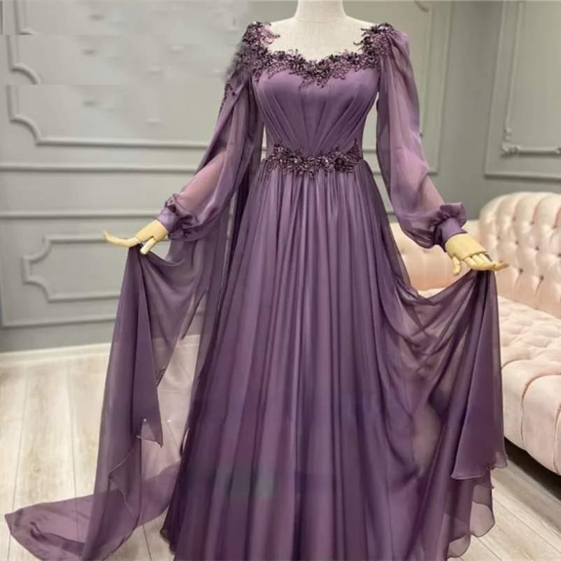 Purple Chiffon Evening Gown With Long Sleeves And Decals, Elegant And Formal Dress For Saudi Arabian Women Customized