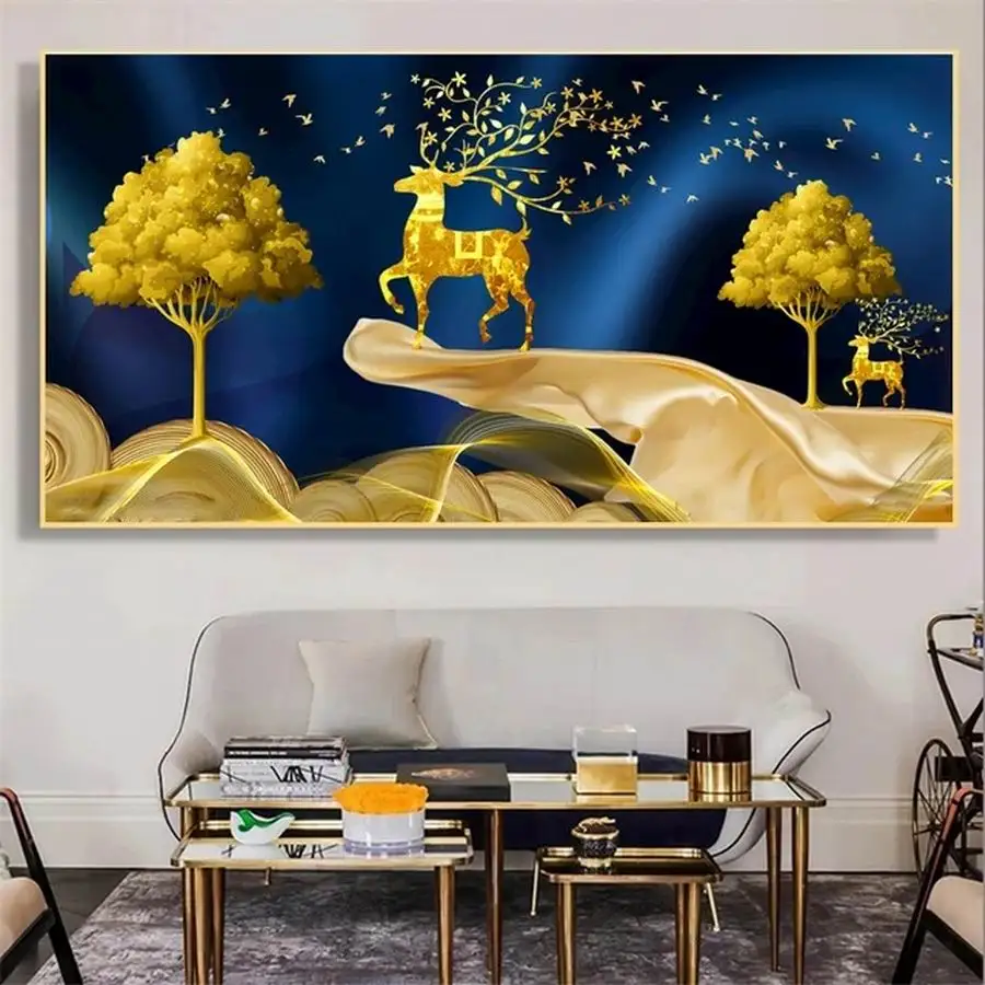 Golden Tree Deer Diamond Painting Animal Diy Full Mosaic Embroidery Abstract Landscape Line Rhinestone Picture Wall Decor AA5040