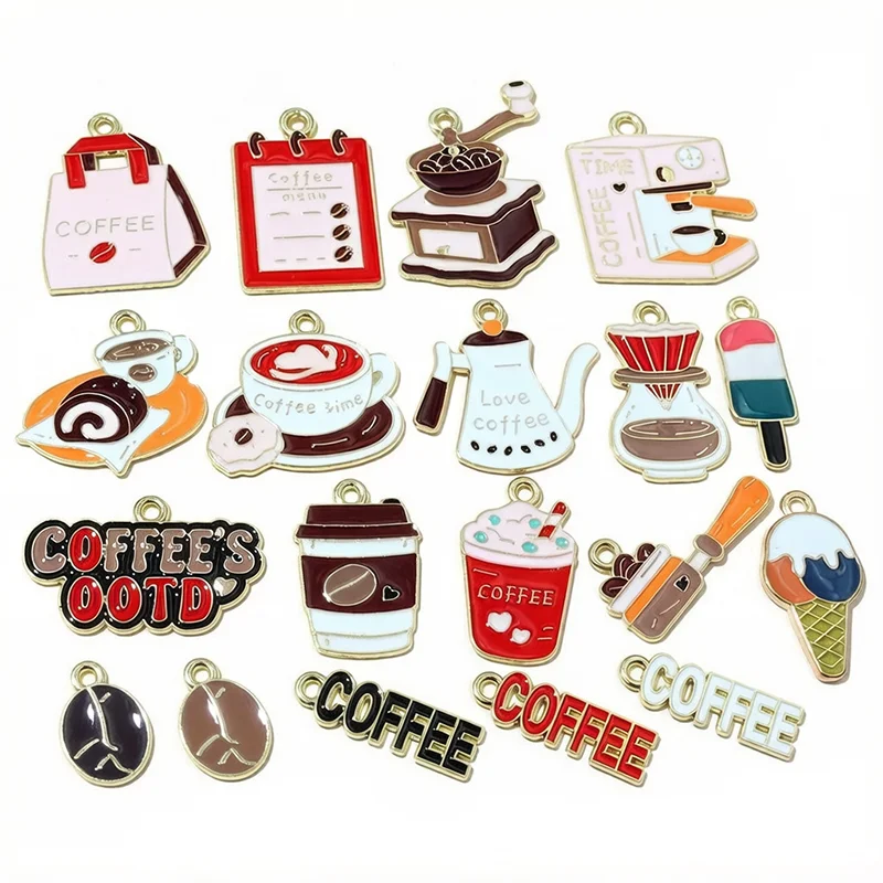 10pcs Enamel Coffee Charms Alloy Coffee Machine/Coffee Bean/Coffee Letter Pendants for DIY Jewelry Making Accessories Findings