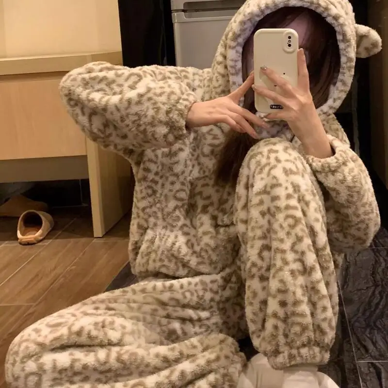 

Girl Leopard Print Kawaii Pj Set Autumn Winter Women's Pajama Set Coral Fleece Flannel Sleepwear New Keep Warm Cartoon Homewear