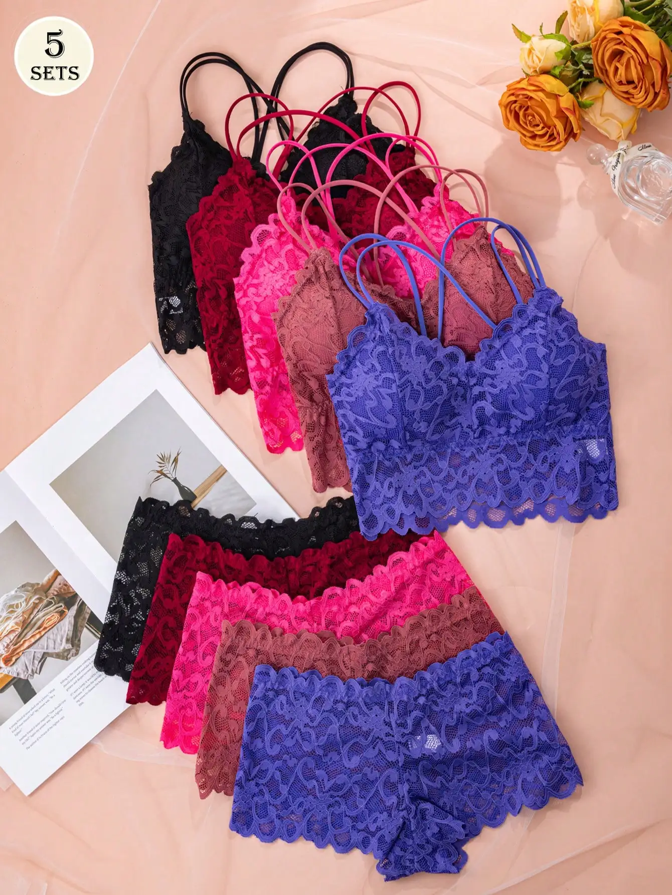 Conjunto de Lingerie de Renda com 5 Peças, Sutiã Sem Arame e Shorts Combinando para Primavera e Verão