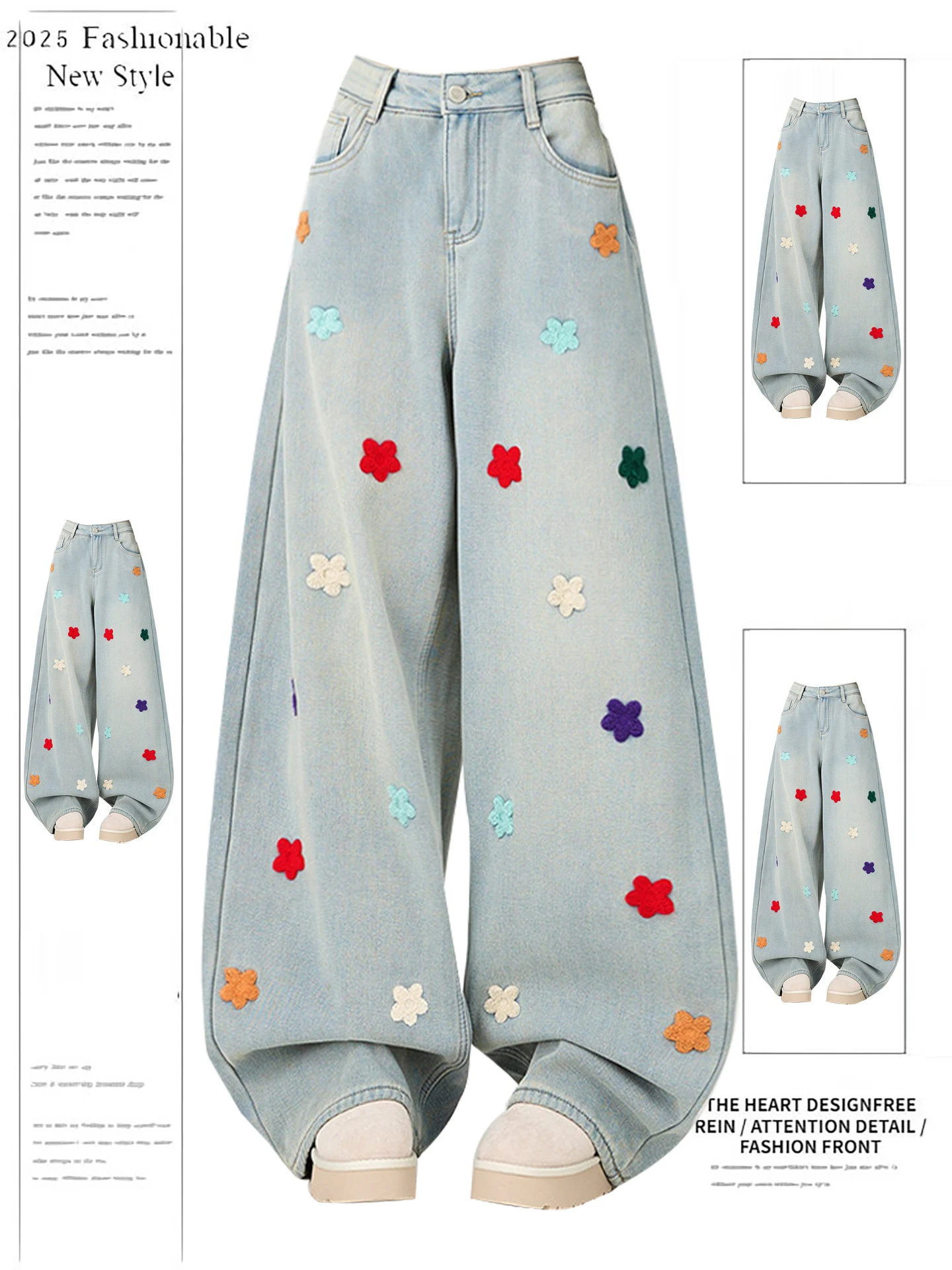 

Retro American Embroidered Floral Loose Wide Leg Jeans Women's Spring Autumn New Sle Knife Pants High Waist Denim
