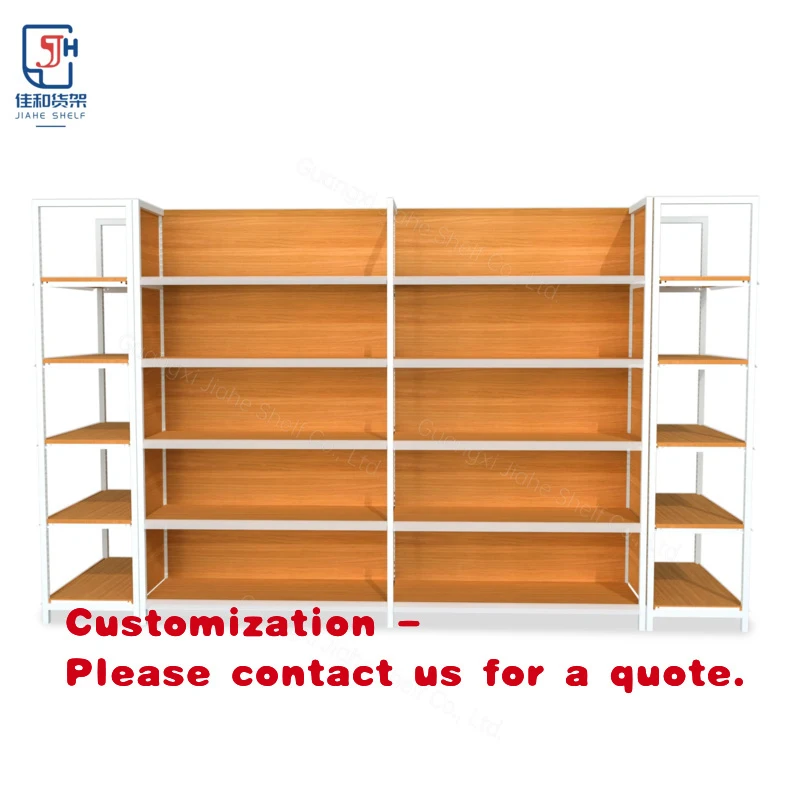 

custom.New Design Metal Supermarket Rack Anti-rust Wood Grain Combined Display Shelves with Corrosion Retail Groc
