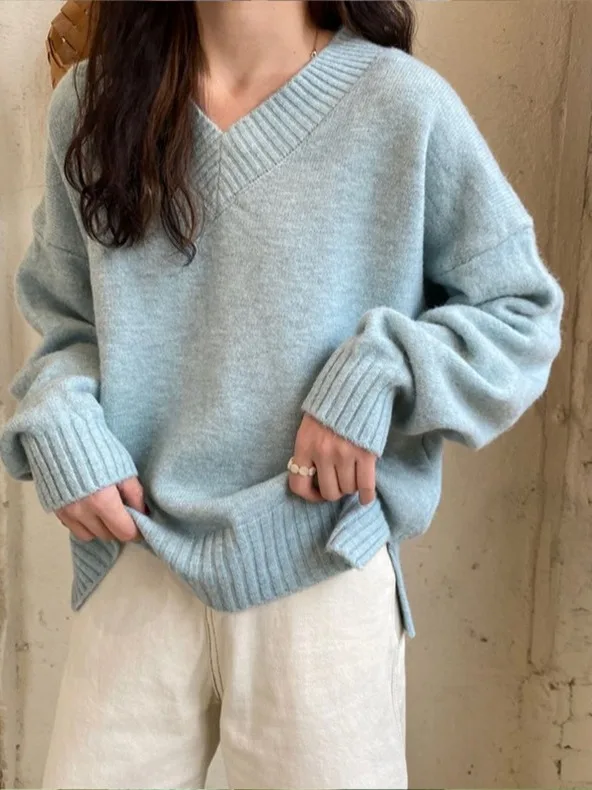 

Women's V-Ne Long Sve Knitted Sweater Soft Cozy Base Layer Loose Fit Fall Winter New Sle Korean Version Commute Friendly