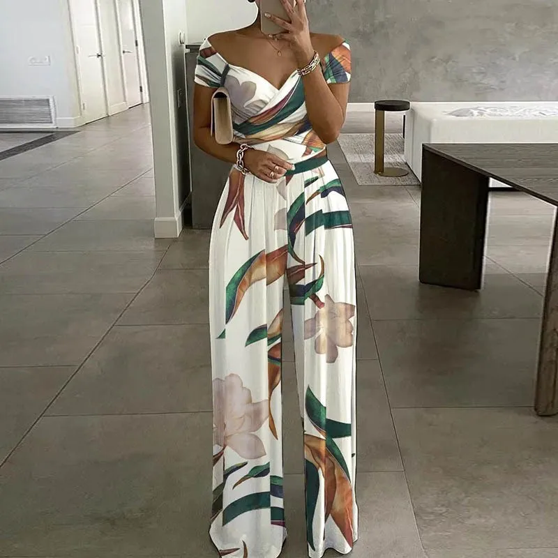 Summer New Printed One Shoulder Jumpsuits Women 2024 High Waist Short Sleeves Wide Leg Long Pants Slim Jumpsuit Ladies Commuting