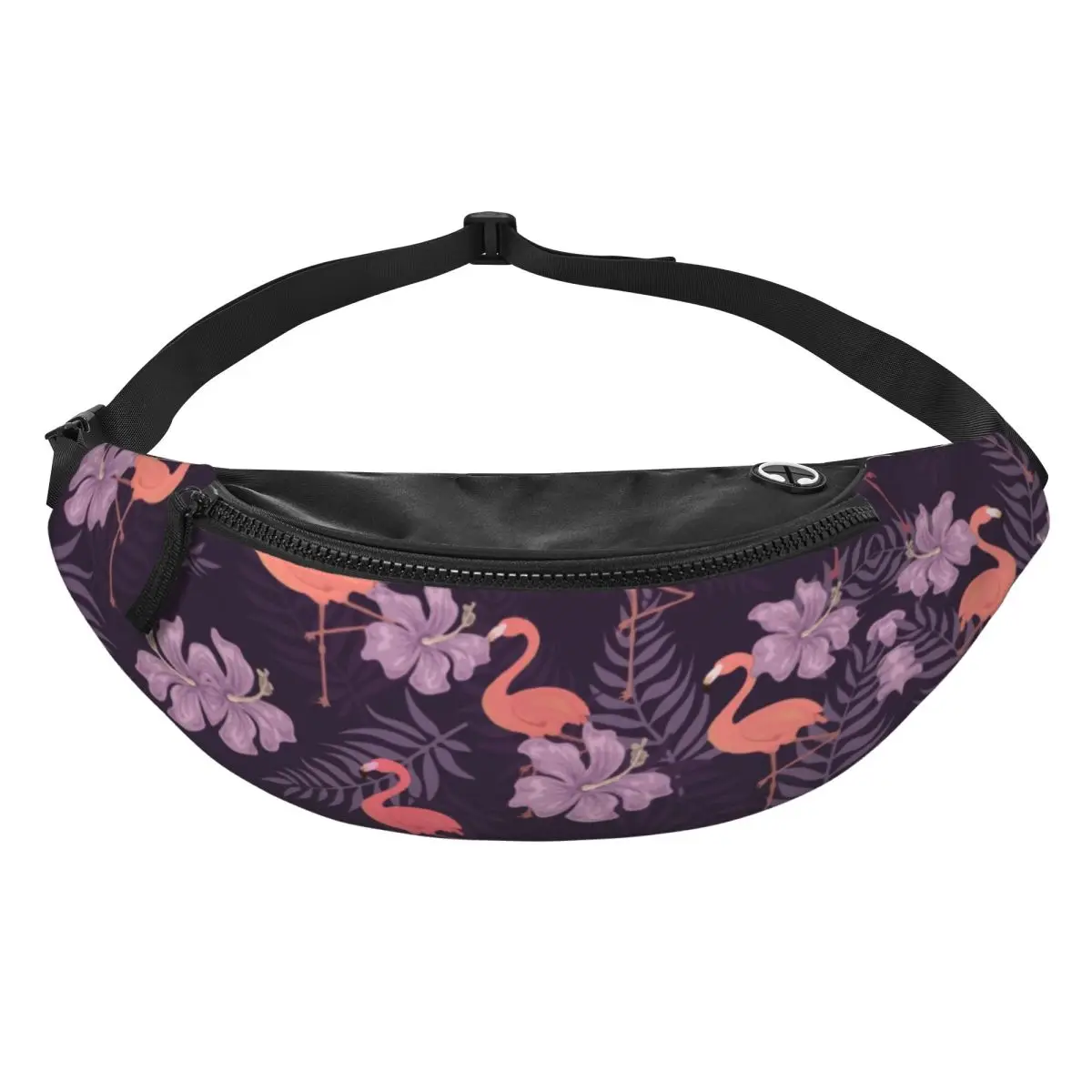 Custom Purple Floral Flamingo Bird Fanny Pack Women Men Cool Animal Crossbody Waist Bag for Running Phone Money Pouch