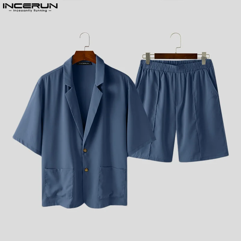 INCERUN 2024 Men Sets Solid Color Summer Lapel Short Sleeve Blazer & Shorts Two Pieces Sets Streetwear Men\'s Casual Suits S-5XL