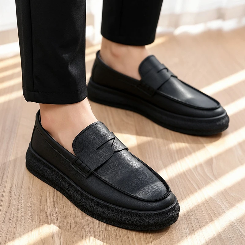 Spring and Autumn New Men's Loafers with Thick Soles, Height-Increasing Slip-On Soft-Soled Casual Leather Shoes, Old Money Retro Business Versatile Trendy Men's Shoes