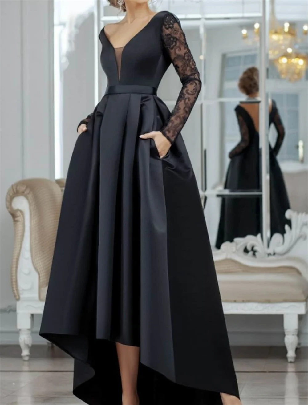 Robe trapèze minimaliste sexy pour invité de mariage, robe de soirée formelle, col en V, manches longues, dentelle avec plis, insertion de dentelle, 2023