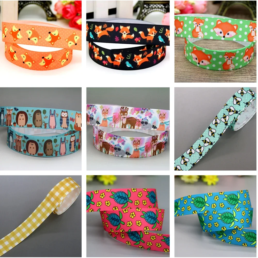 DHK 22mm 5yards Animals Fox Bee Owl Printed Grosgrain Ribbon Accessories Headwear Decoration Collar DIY Sewing Craft E2231