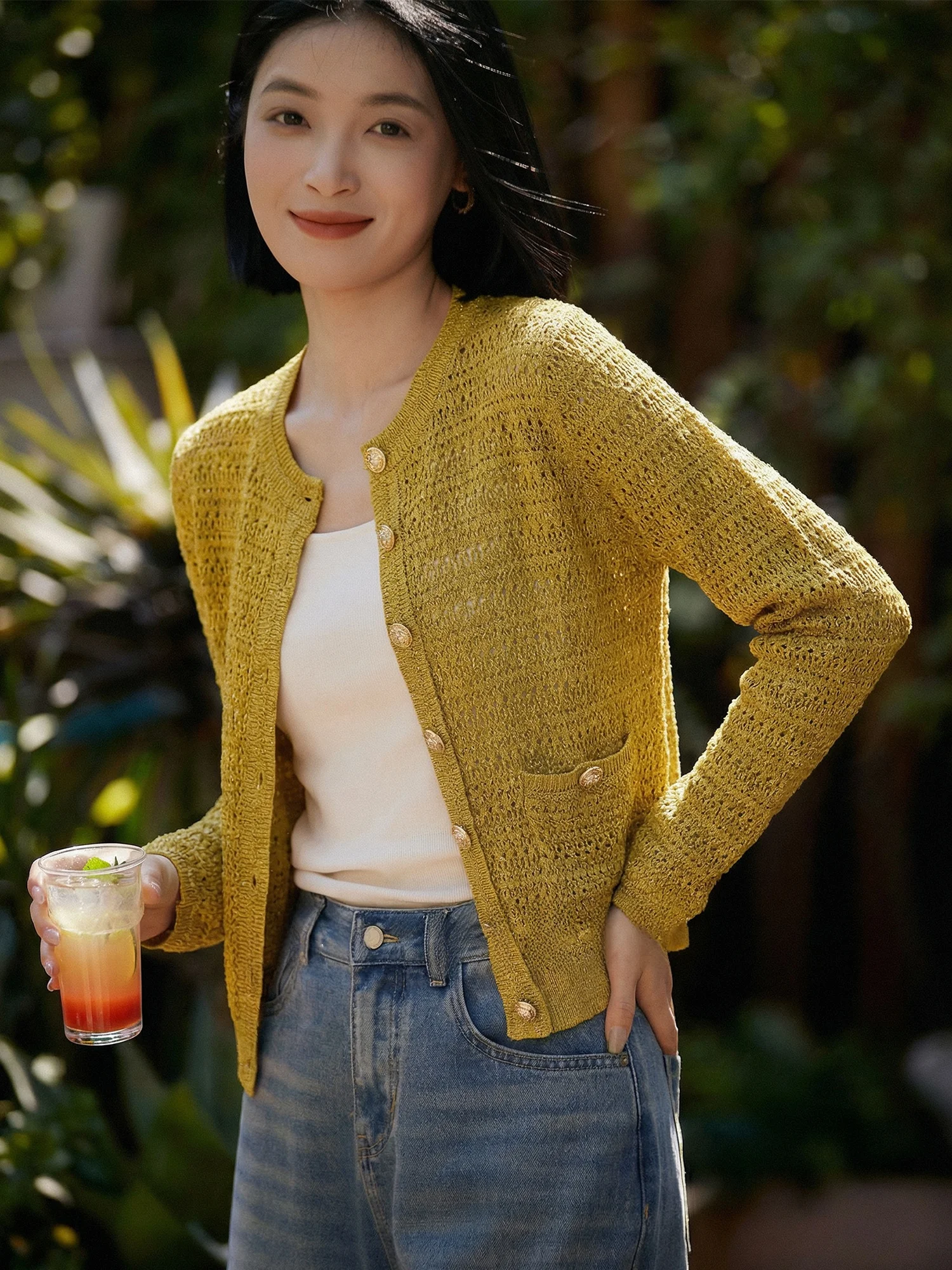 

Khaki round Ne Hollow out Cotton Linen Knitted Open Cardigan Women Spring Lightweight Luxury Loose Slimming Versatile Top