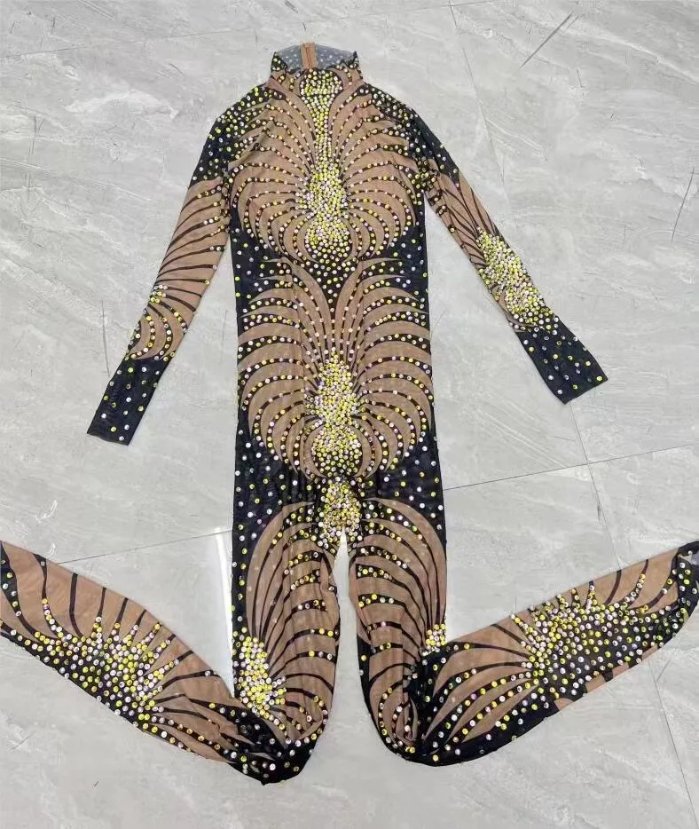 Women Sexy Sparkly Rhinestones Feather Print Jumpsuit Birthday Party Bodysuit Prom Dresses Pole Dancer Performance Costume