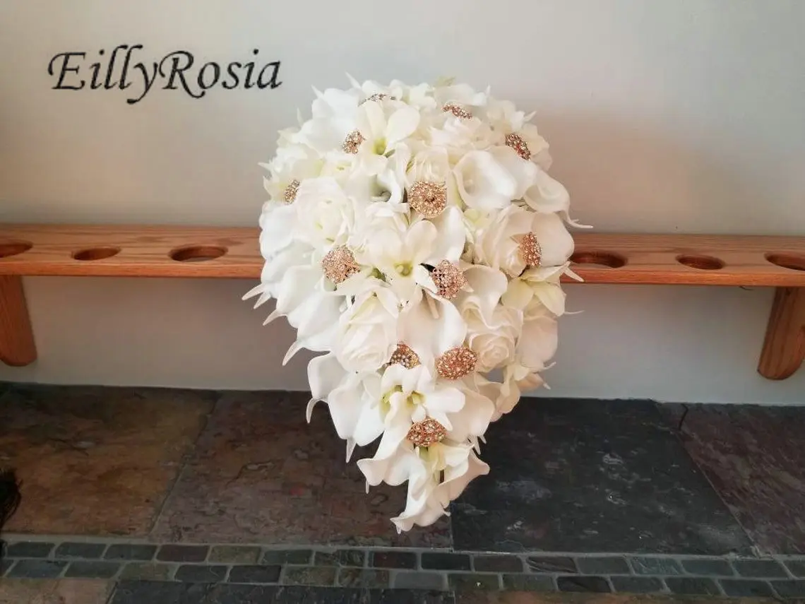 EillyRosia-Broche Dorée en Cascade, Bouquet de Fleurs de Mariage, Lys Calla Blanc, Trash, Larme, Plage, pour la Mariée