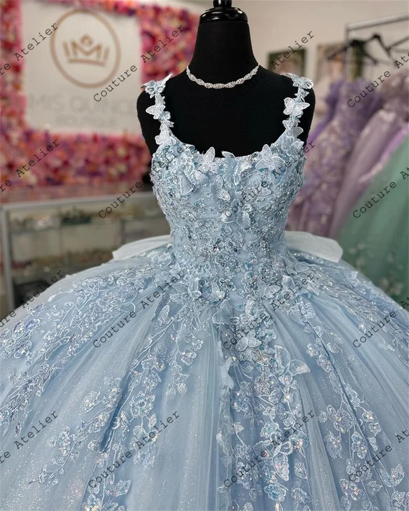 2024 Himmelblaue Prinzessin Quinceanera-Kleider, schulterfrei, Spitzenapplikationen, Korsett-Up, Ballkleid, süßer 16. Geburtstag, individuell gestaltet