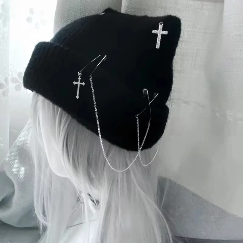 

Gothic Knitted Hat for Women Y2K, Handmade Cat Ears Hat, Crochet Skull Hat, Subculture Hats for Teenagers