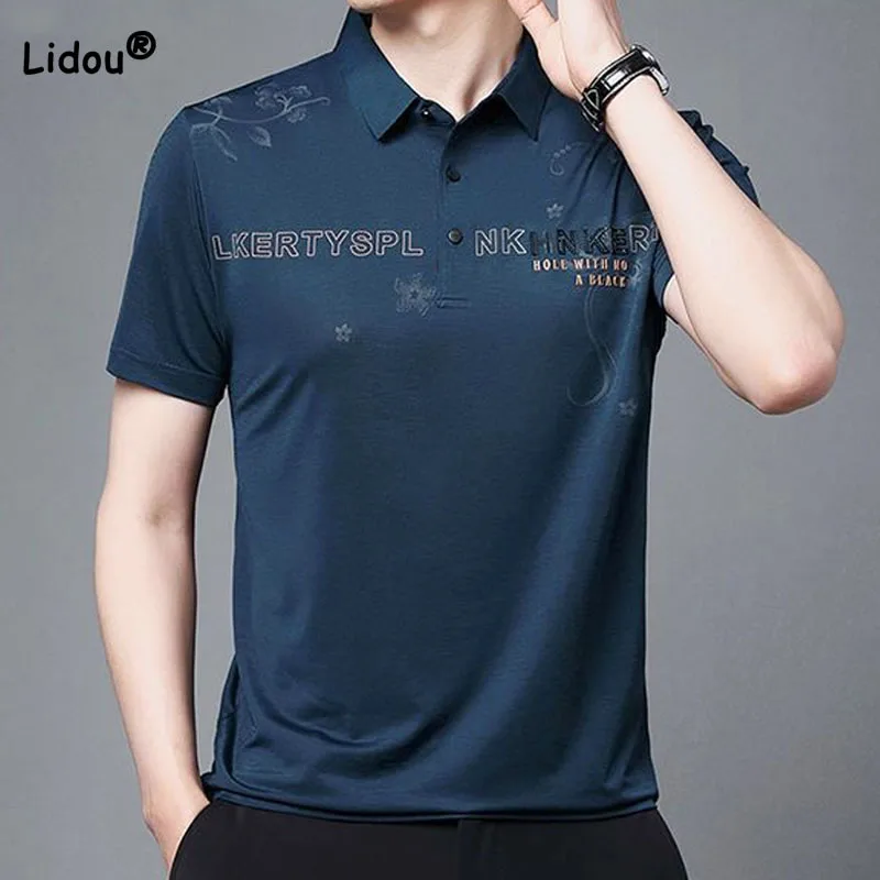 

Business Office Men's Printed Patchwork Polo-Neck T-shirt Trend Simplicity Solid Color Short Sleeve All-match Shirt Male Clothes