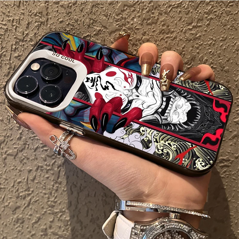 Oni Mask Samurai Printing Hard Case for iPhone 16E 11 12 16 15 14 13 Pro Max XS X XR Plus 8 7 SE 2020 Shockproof Matte Cover PC view 4