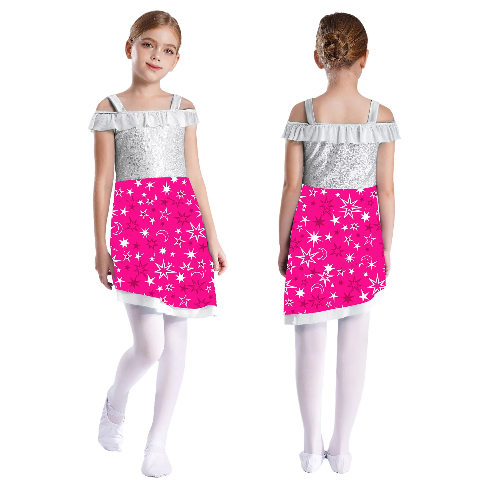 

Girls Shiny Sequin Camisole Dress Cold Shoulder Asymmetrical Printed Ballet Gymnastics Dancewear for Birthday Party Performance