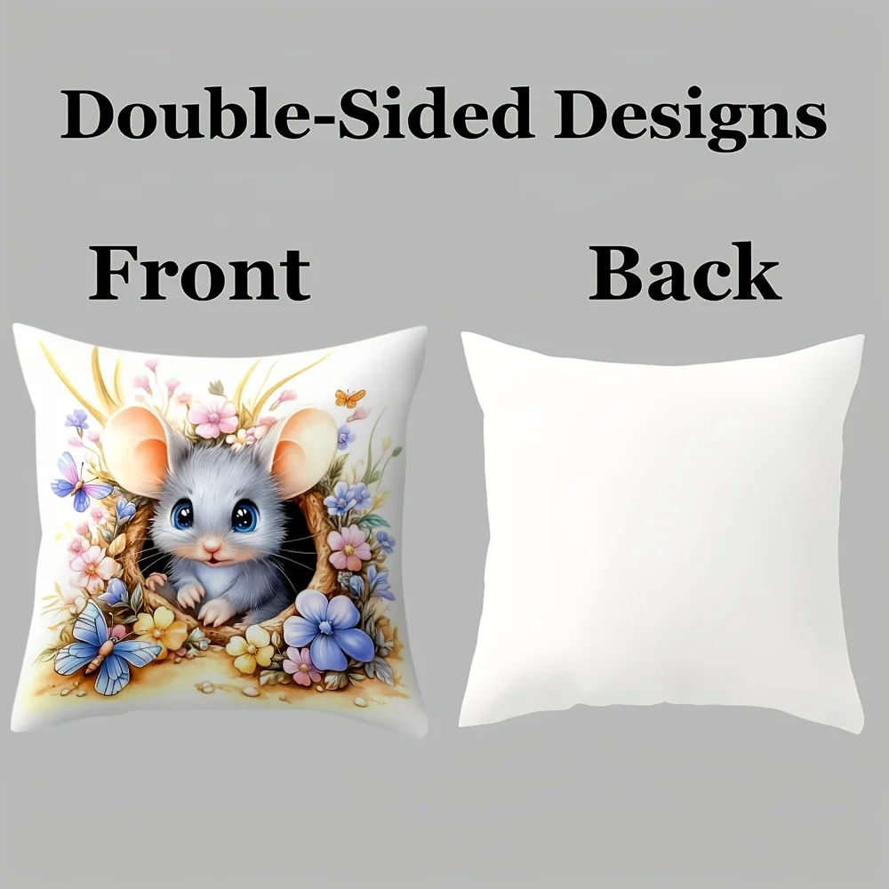 Cute flower and little mouse pattern single-sided digital printing pillow cover Short plush Suitable living rooms bedrooms sofas