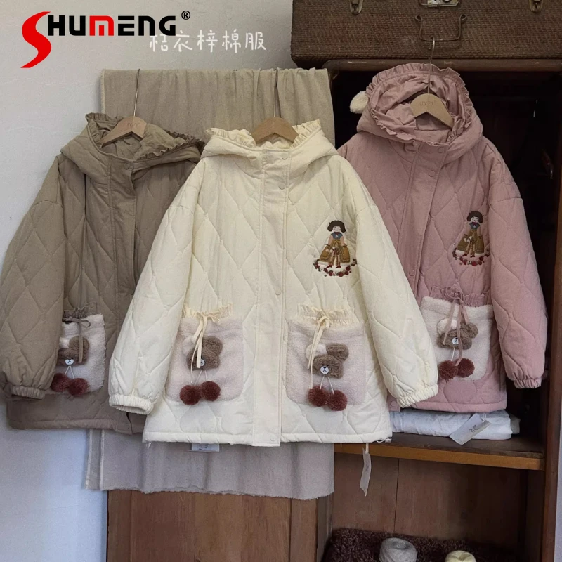 

2025 Winter New Cute Girl's Sweet Lolita Short Parka Coat Women's Sweet Cartoon Embroidery Warm Thick Parkas Female Y2k Jacket