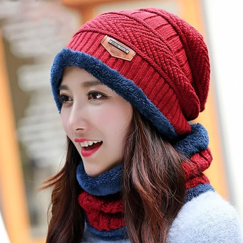 Winter Hat Men Women Knitted Hats Cap Warm Cap Beanies Ski Cap And Scarf Set Warm Windproof Cotton Hat