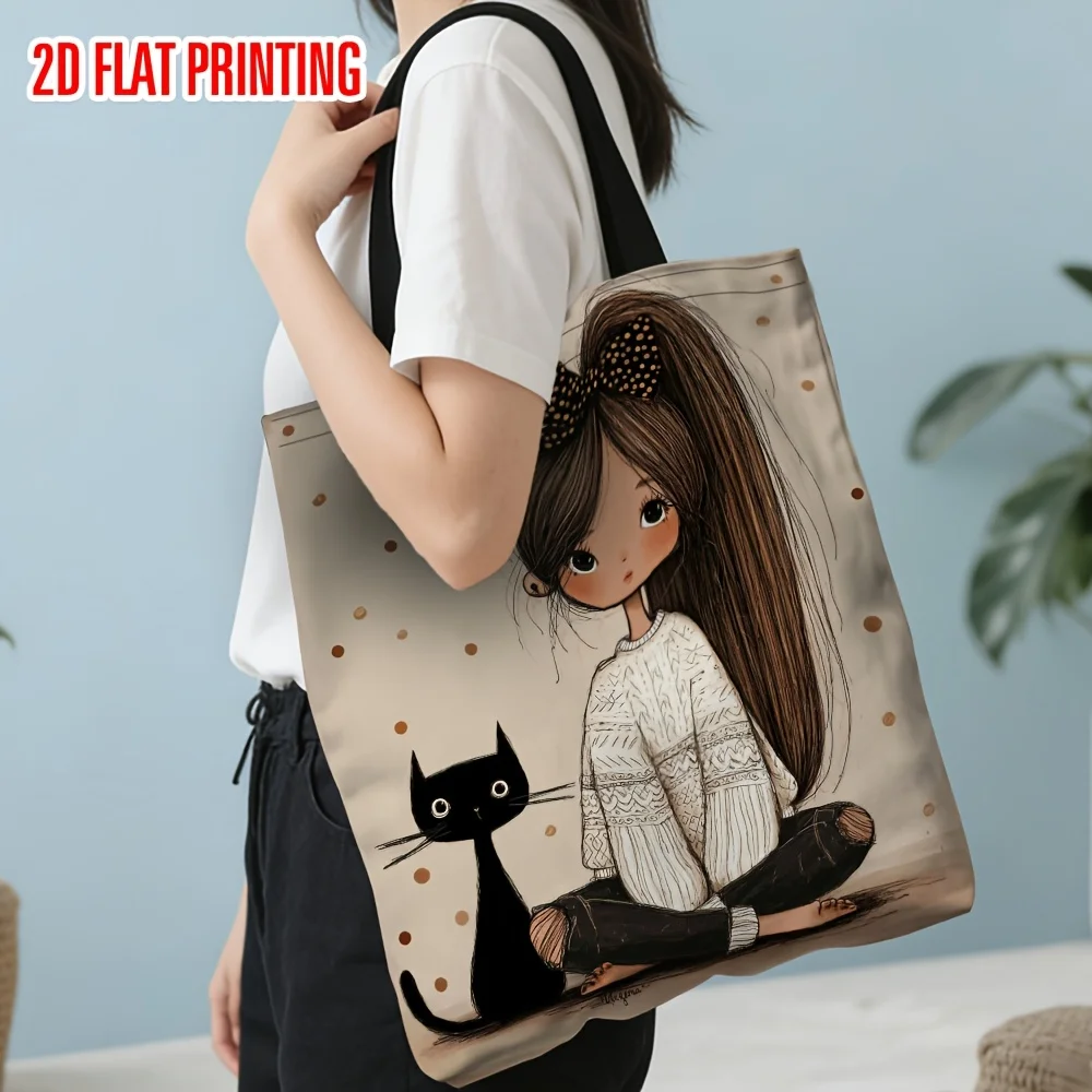 1pc 2D Flat Effect, New Large Capacity Tote Bag, Printed Design – Not Textured 2D Flat Effect, Retro Easy Black Cat Pattern