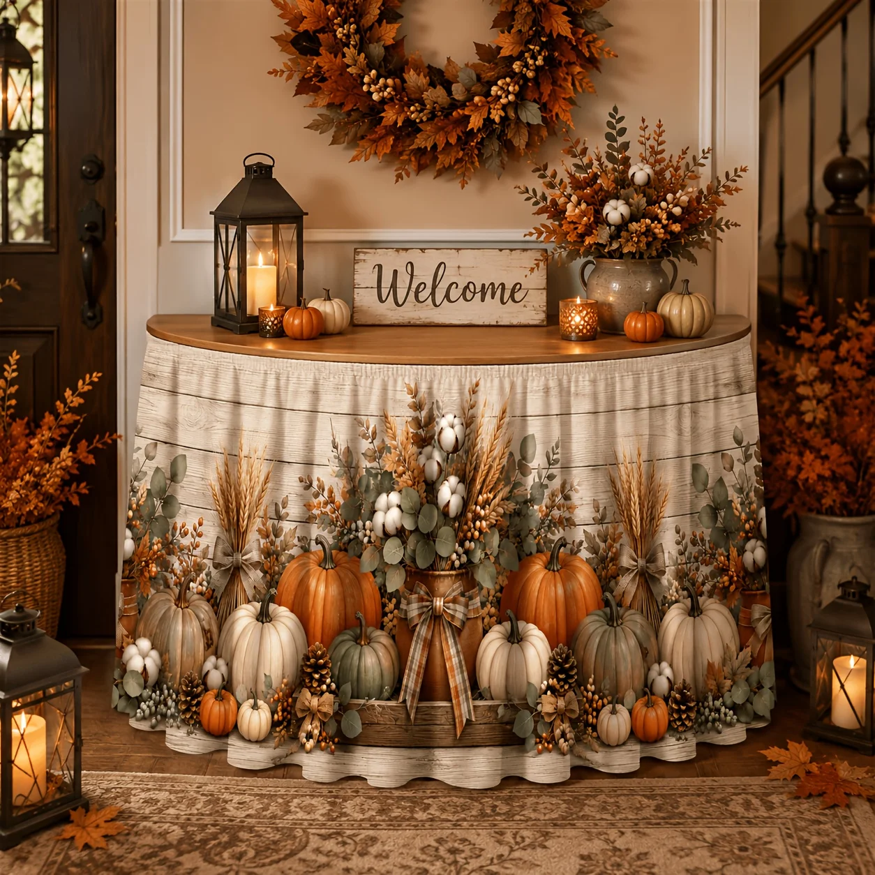 Polyester country-style wood-grain autumn print table skirt with butterfly knot decoration. Suitable for Thanksgiving.xzj
