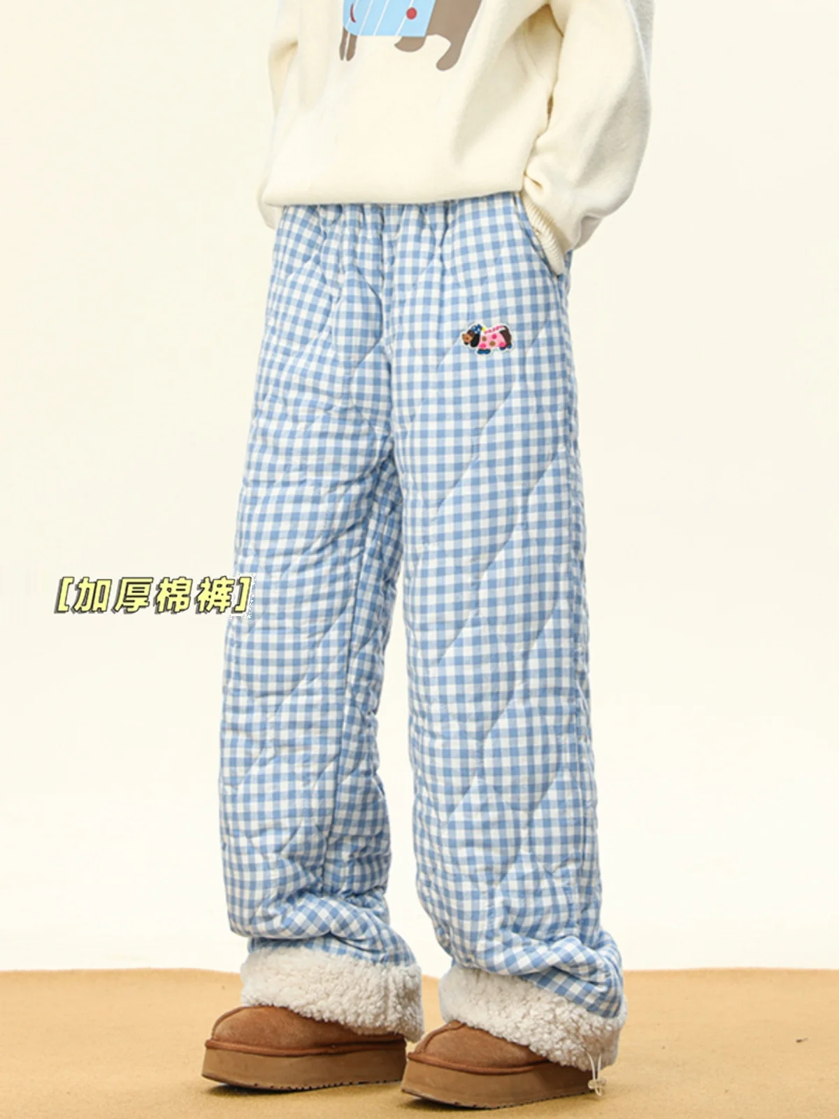 

Blue Plaid Gourd Pattern Fce Lined Cotton Trousers for Men Winter Windproof Warm Skiing Pants Straight Leg Casual Youth Fa...