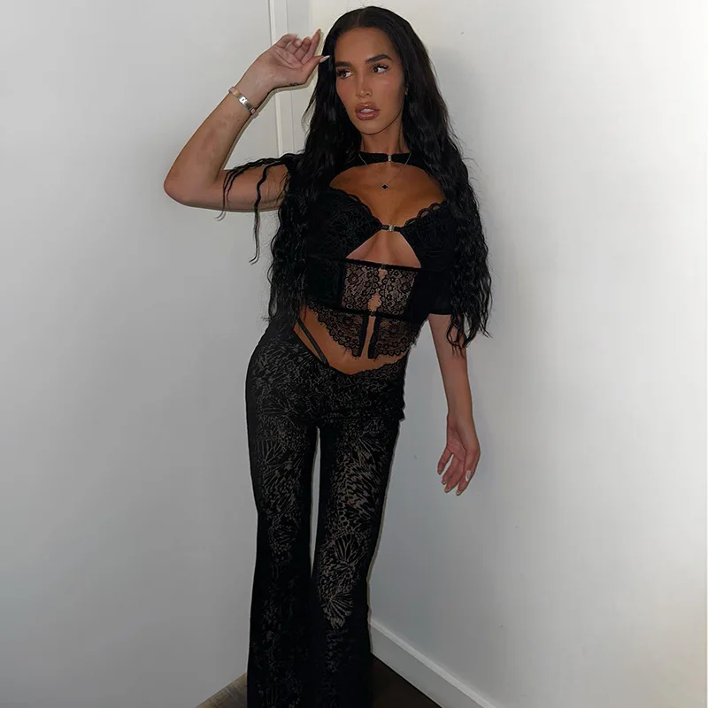 Yangelo Sexy Lace Short-sleeved Hollow Top Gothic High Waist Straight Bell Bottoms Suit Female Y2K Spring New 2024